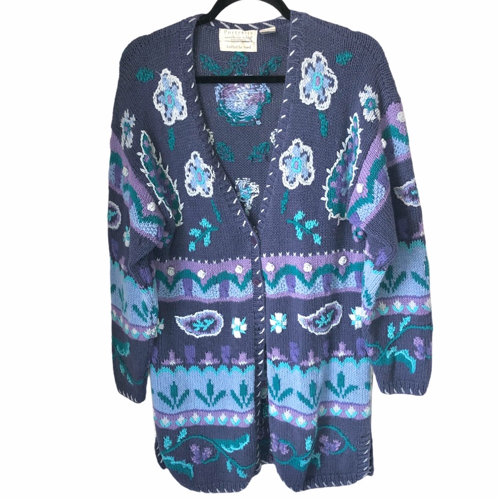 Vintage Chunky Cardigan Purple Floral Y2K Artsy‎ Northern Isles Hand Knit Large